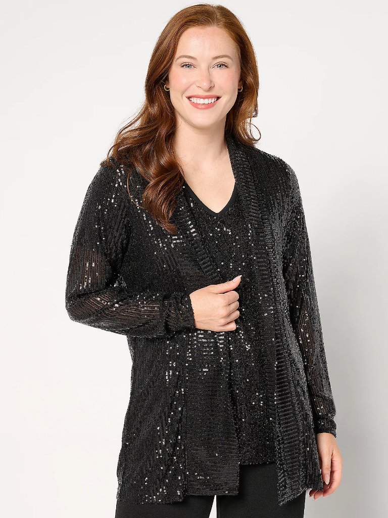 Jingle Belles By Kim Gravel Sequin Mesh Open Front Topper, Black Sz L A670903